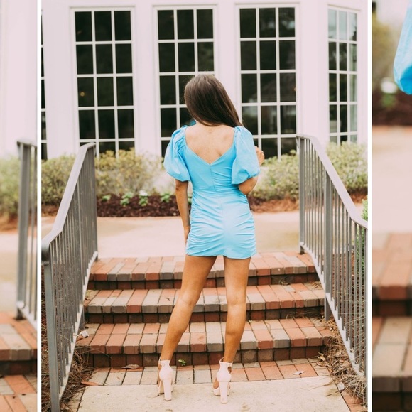 THESE THREE BOUTIQUE Blue Puff Sleeve Dress Small - Picture 4 of 7